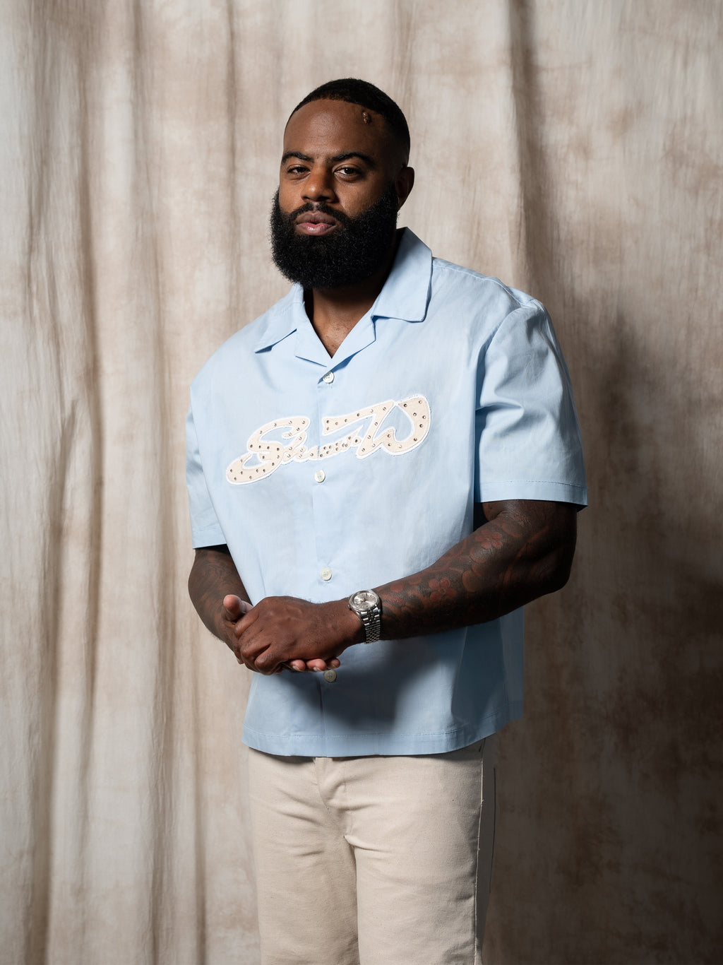 Sky Blue Varsity Poplin Button Up Shirt