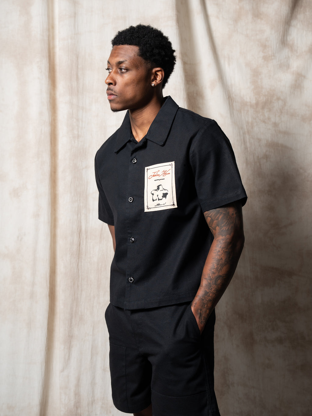 Black Canvas Patch Button Up Shirt
