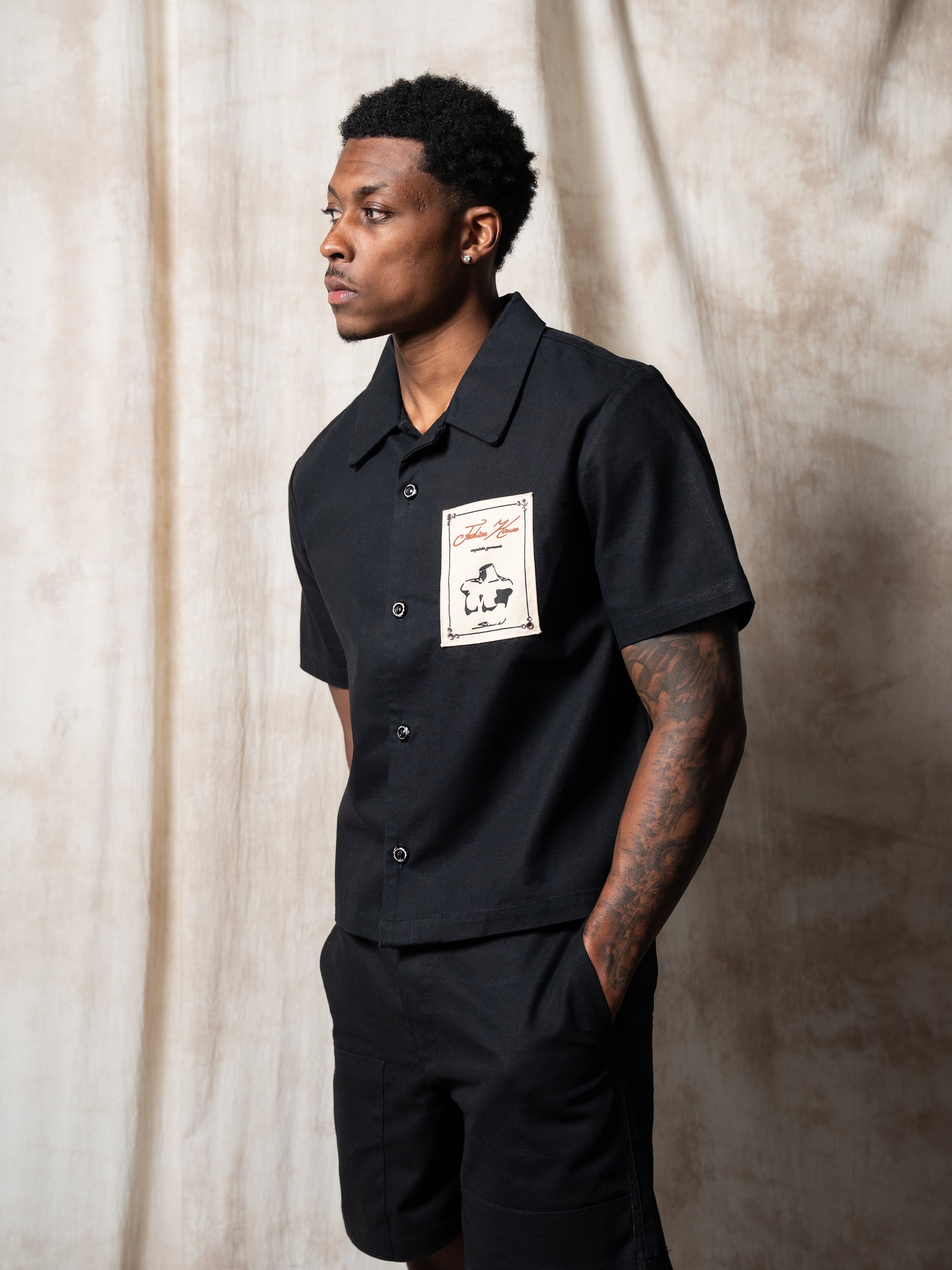 Black Canvas Patch Button Up Shirt